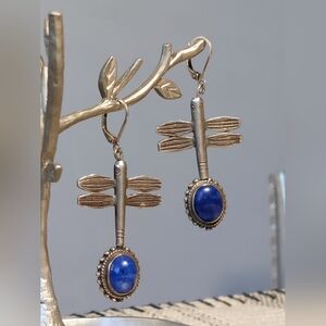 Vintage Sterling Silver Lapis Dragonfly Earrings Double-Sided Rotating Design